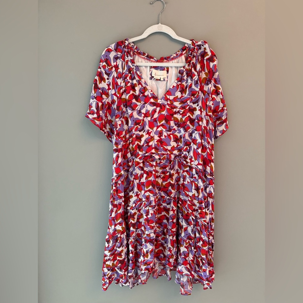 Anthropologie Purple & Red Floral V-Neck Dress
